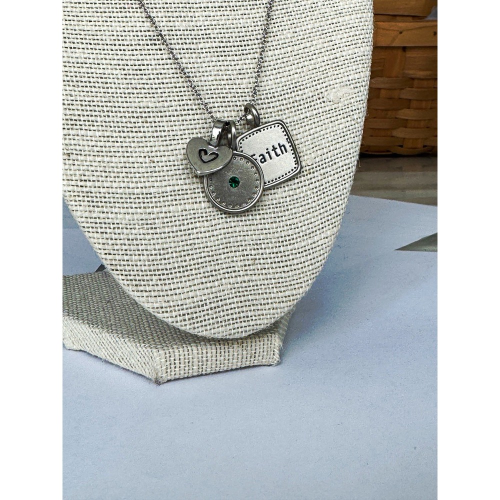 GANZ Silver Tone Faith Heart Charm Pendant Necklace Green Round Crystal 18 inch
